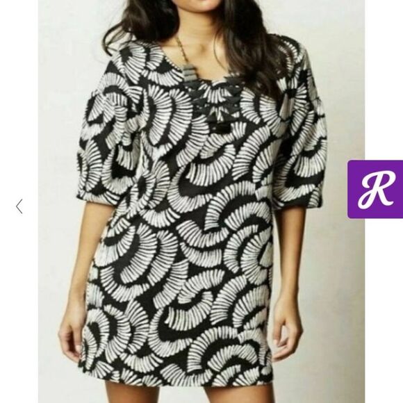 Maeve Anthropologie Womens Windfall Shift Dress Small P Black White Text… - Picture 1 of 8